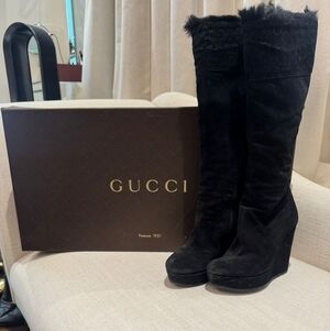 Gucci Black Suede Over-the-Knee Wedge Boots